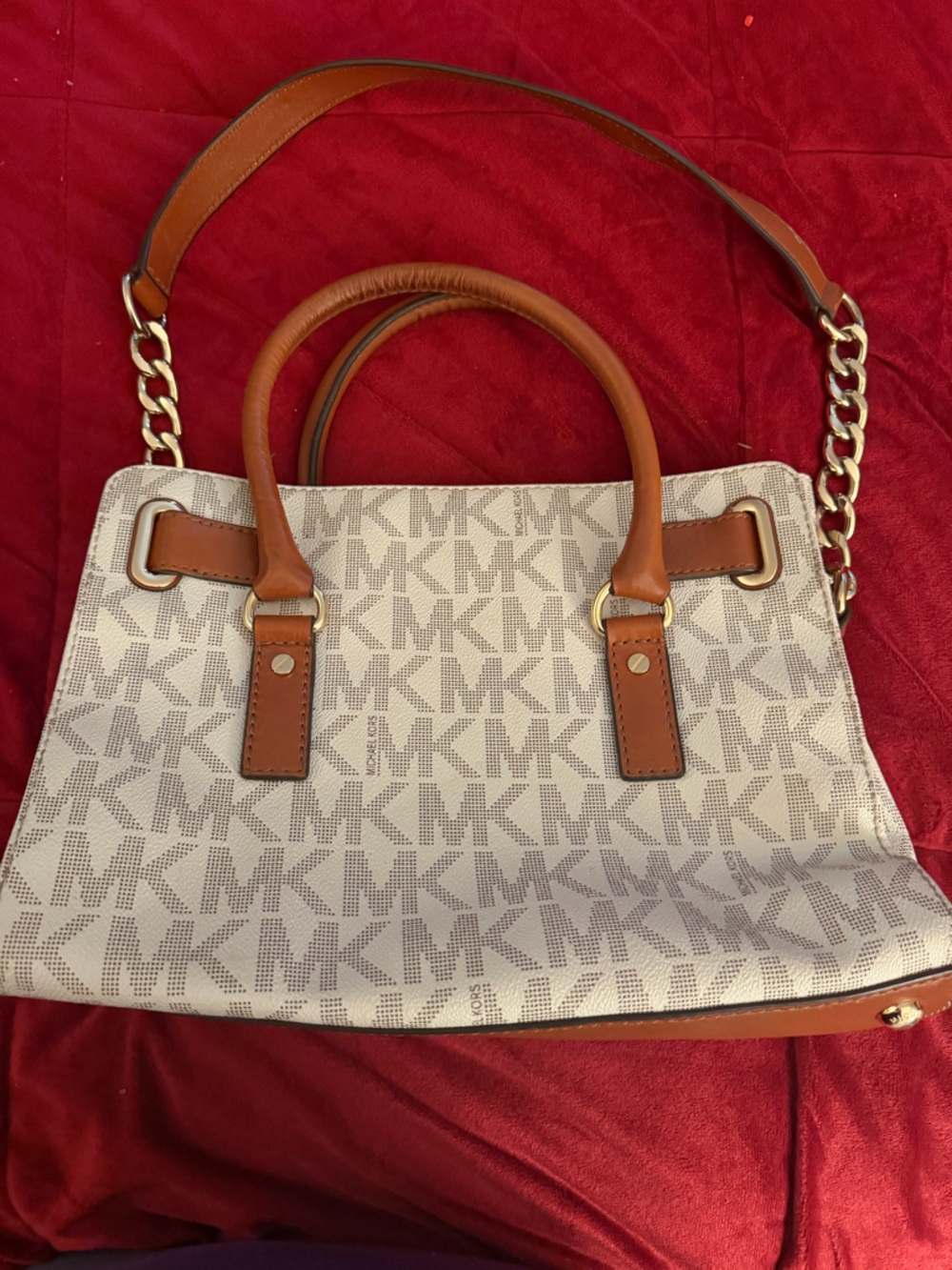 Michael Kors Hamilton Tote Cream & Tan Logo leather Satchel with Gold Hardware - Picture 4 of 9